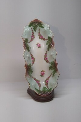 Austria Celery Relish Dish raised embossed green pink rose Garland gold trim MK