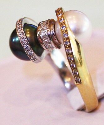 ALISHAN DESIGN: Unique Two Tone 18kt Gold Diamond, Black & White Pearl RING