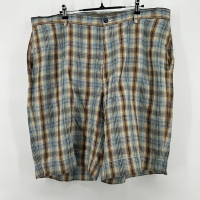 Tommy Bahama Linen Shorts Mens 40 Plaid Brown Blue Relax Fit Summer Coastal