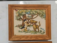 De Colección Gato Perro Pájaro Árbol Imagen Acolchado Arte Textil 3D Elevado 1950-60s MCM Set/2