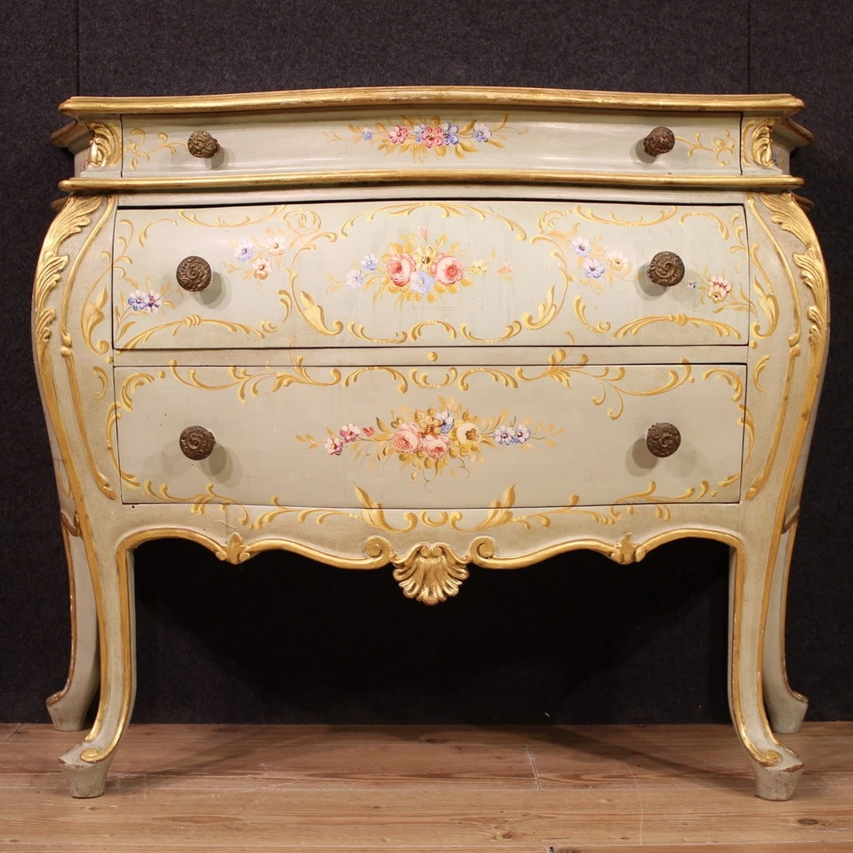 Cómoda veneciana lacada pintada 3 cajones mueble cómoda siglo XX Foto 4 de 4