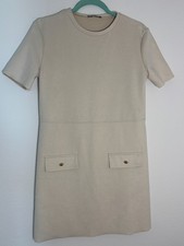 Zara Shift Dress Womens Small Beige Faux Suede Gold Button Pockets Round Neck