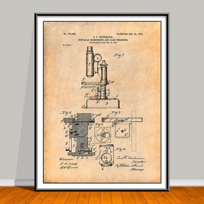 1904 Dieckmann Portable Microscope Patent Art Print Poster, Scientific Wall Art