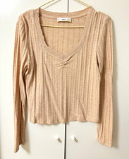 MNG Damen Pullover Beige gerippt Strick V-Aus...