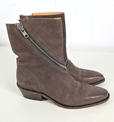 John Fluevog Womens RUTH SKIN Spiral Zip Taupe Brown Ankle Boots Sz 8
