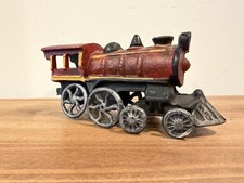 Vintage Cast Iron Steam Train Engine w/Cattle Catcher Cast Iron Wheels Red/Gold