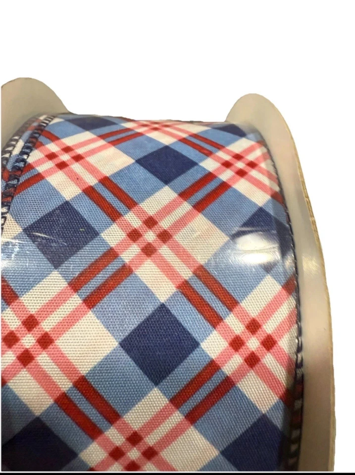 Kirkland Wire-Edged Ribbon 2.5" Wide 50 Yard Roll Patriotic Red & Blue Plaid - Image 2 of 4