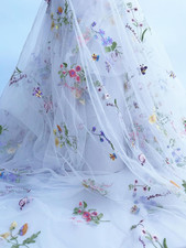 Elegant White Lace Fabric Tulle Fabric by Yard Colorful Floral Embroidery, 35X51