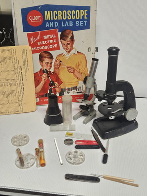 Vintage Gilbert Microscope and Lab Set in Original Metal Box Child's Toy 1950's