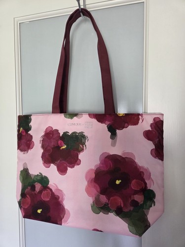 Clinique Pink Floral Tote Bag Burgundy Shoulder Straps Lined Inner Pockets