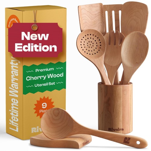 Cherry Wooden Spoons for Cooking Set of 9 – Natural Cherry Wooden Cooking Ute...