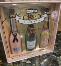 NEW PINK SKY S/3 Glass Ornament ROSE CHAMPAGNE PROSECCO Wine BOTTLE 5.25" BOX