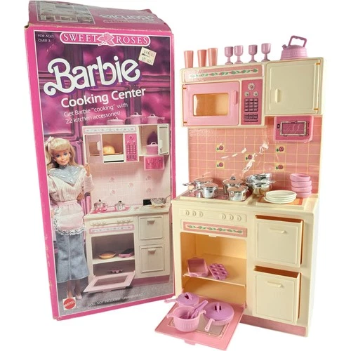 VTG Sweet Roses Barbie Cooking Center 1987 Mattel #4777 Kitchen Pots Pan Set Box