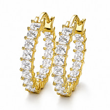 Gold Plated CZ Hoop Earrings Brass Princess Cut Cubic Zirconia Huggie Women Gyft