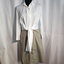 Tahari Neutral Tan & White Shirt Dress w Waist Tie Cotton sz 6