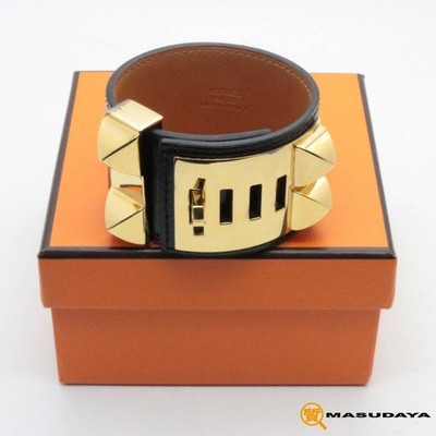 Hermès Coryedosian Bangle Bracelet Black Leather S Size 16in Used
