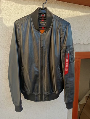Alpha Industries MA-1 Herren Leder Bomberjacke Schwarz/Orange Gr. S - Bild 1 von 4