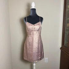 Francesca's Matilda Bronze Bow Front Mini Dress Satin Pink Champagne Size Small