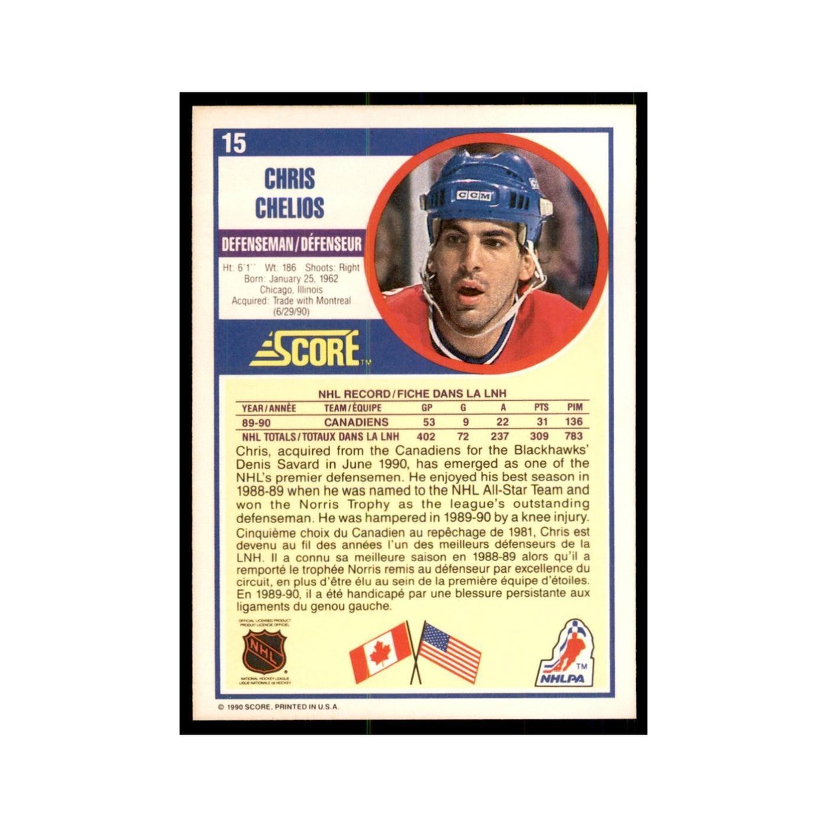 1990 Score Canadian Chris Chelios Hockey Cards #15 | eBay