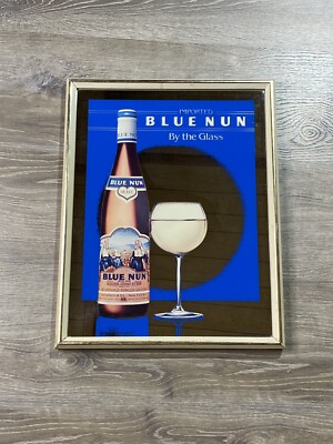 Vintage Imported Blue Nun By The Glass Wine Mirror Wood Framed
