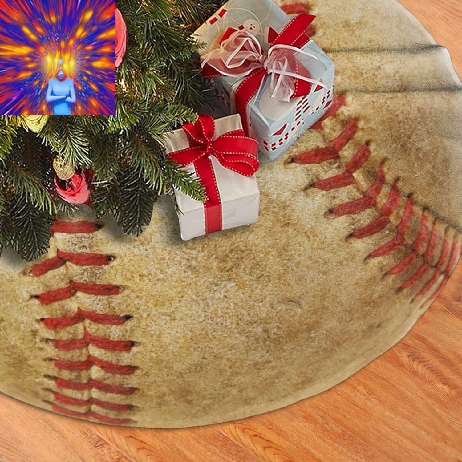 Sport Baseball Print Christmas Tree Skirt Funny Tree Mat for Farmhouse Xmas Holi