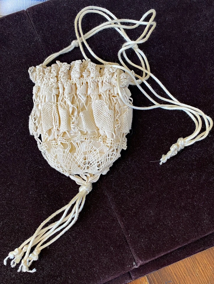 Antique Flapper Handmade Crochet Drawstring Bag - Wedding Purse  WW623 - Image 2 of 4
