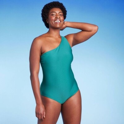 Kona Sol Women's One Shoulder One Piece Swimsuit with Tummy Control Green Small