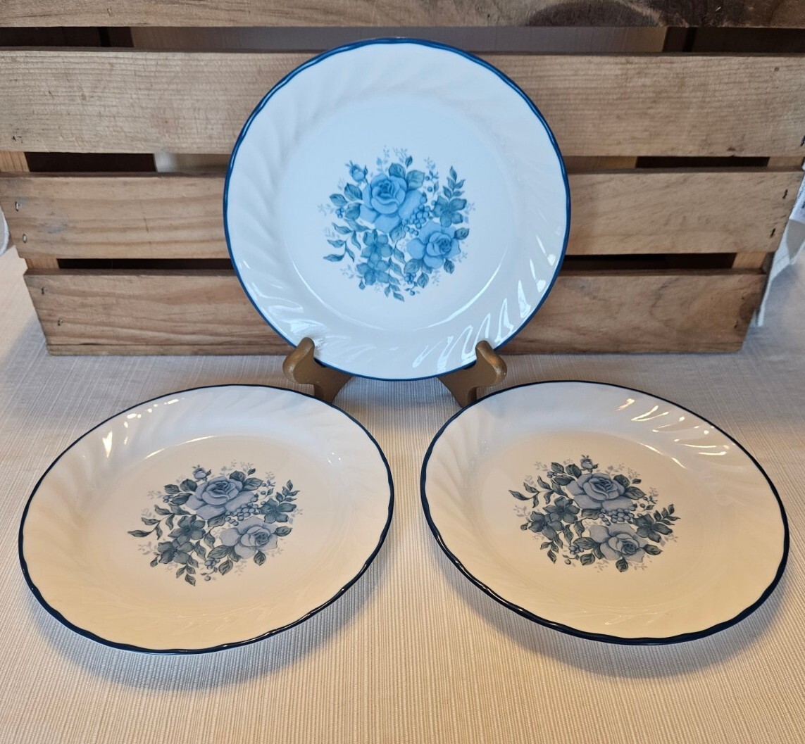 Set Of Corelle Blue Rimmed Velvet Rose Salad Plates W/ Swirled