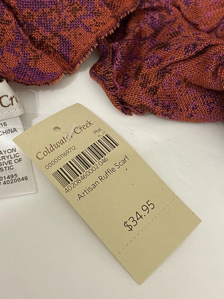 全新带标签 Coldwater Creek Artisan Ruffle 围巾 人造丝 红色 珠宝色调 女士礼物 — 第 3/4 张图片