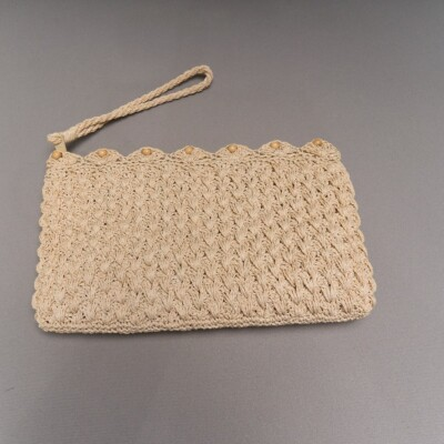 #ad #ad Vintage Straw Clutch Purse Zip Bag Wrist Strap Wood Beads Natural Boho Japan 70s