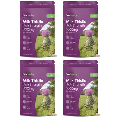 BIOHERBS Milk Thistle 5000mg High Strength | 80% Silymarin | 90 Vegan Tablets (Pack of 4)
