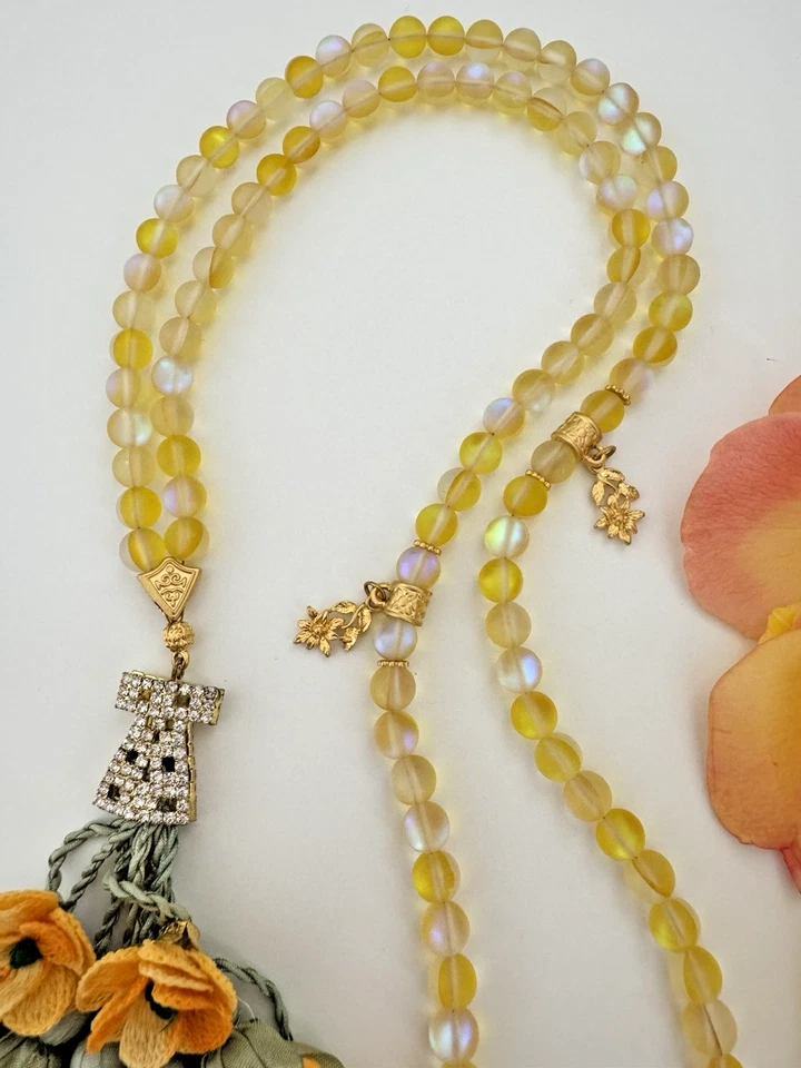 Handmade Sunshine Yellow 99 Prayer Beads Tasbih Misbaha Mala Rose Tassel Gift - Image 4 of 4