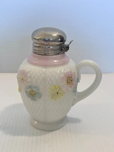 Antique Consolidated Glass Cosmos White Milk Glass Floral Syrup Pitcher