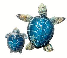 Sea Turtle Mama and Baby Figurines Blue Resin 5" and 2.75" Long Nautical Ocean