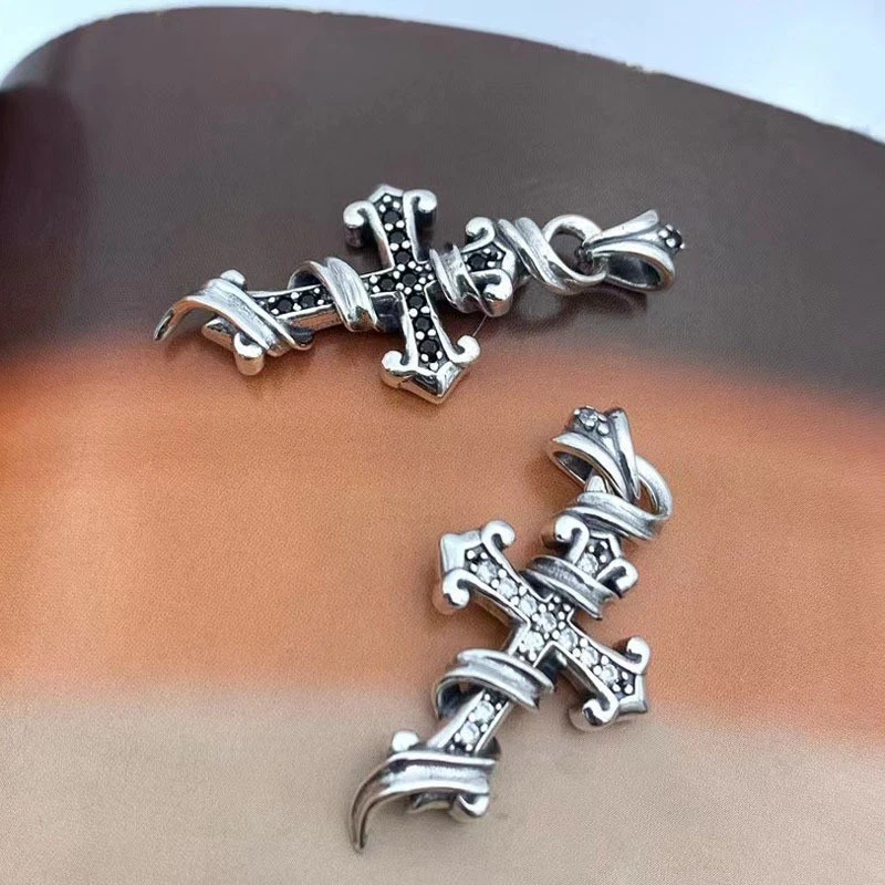 S925 серебро Gothic обернутый крест подвеска черный белый CZ мотоциклиста ювелирных изделий - Изображение 4 из 4