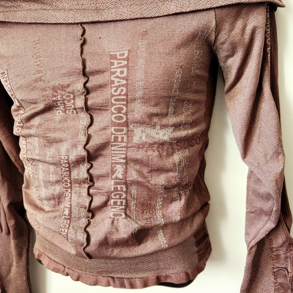 De Colección Años 90 Parasuco Denim Damas Marrón Fuera del Hombro Body Con AOP Logo Spellout Top M Foto 3 de 4