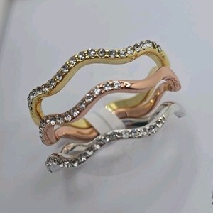Authentic Gold Plated Tri-Color Stackable Crystal Band Ring White Stone Size 8 Jewelry