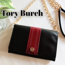 TORY BURCH Logo Chain Shoulder Bag Pochette Leather Black x Bordeaux Used