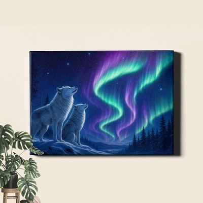 Aurora borealis wolves winter night Canvas Art wildlife northern lights