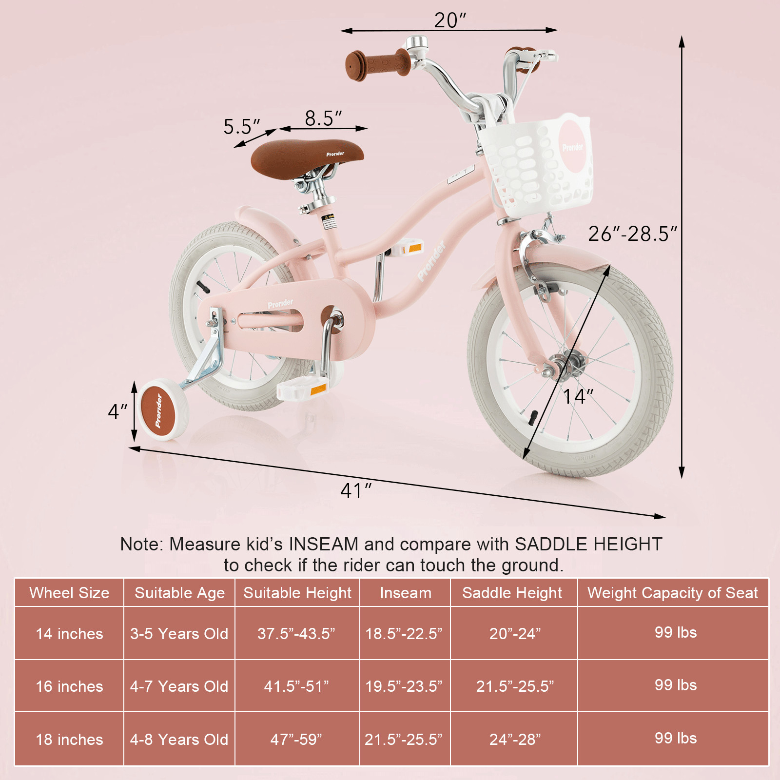 14" Kid's Bike w/Removable Training Wheels & Basket for 3-5 Years Old Pink