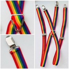 Retro 1980 s Elastic Stretch Rainbow Striped Suspenders, Silver Metal Clips