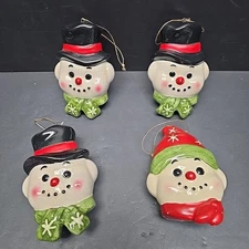 VTG Snowman Head Ceramic Ornaments Lot 4 Christmas Top Hat & Elf Style 4”Heavy