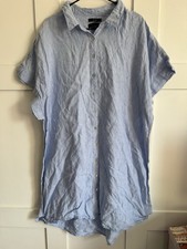 Tahari 100% Linen Shirt Dress Blue Midi Short Sleeve Collared UK 22 / 24