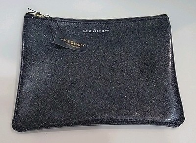 NWT Sage & Emily Black Patent Glitter Zip Top Cosmetic Pouch Bag
