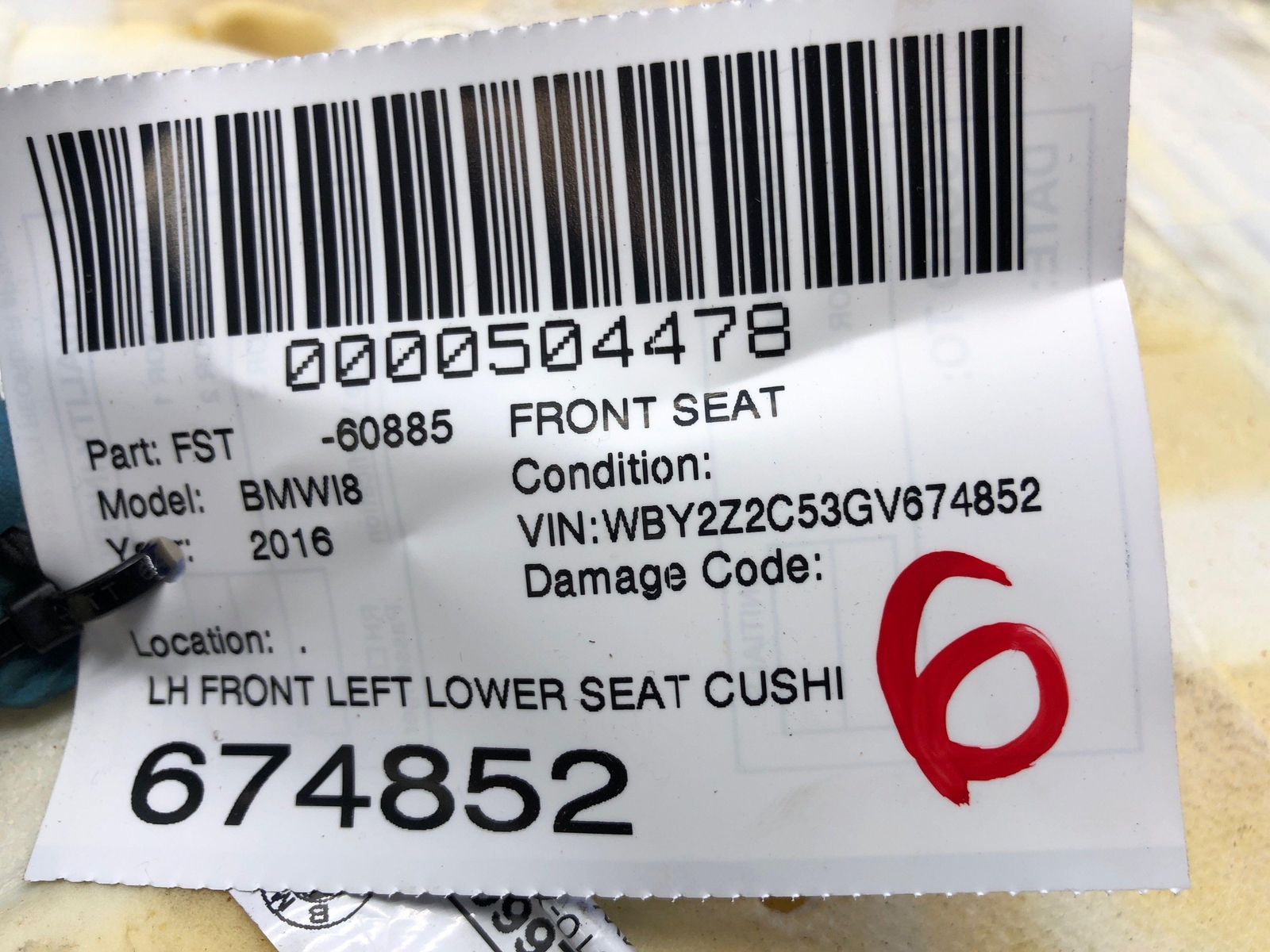 2014 2015 2016 2017 2018 2019 BMW I8 OEM FRONT LEFT LOWER SEAT CUSHION BEIGE