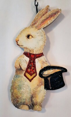 WHITE BUNNY, RABBIT w RED NECKTIE & TOP HAT  Glitter EASTER ORNAMENT * Vtg Img