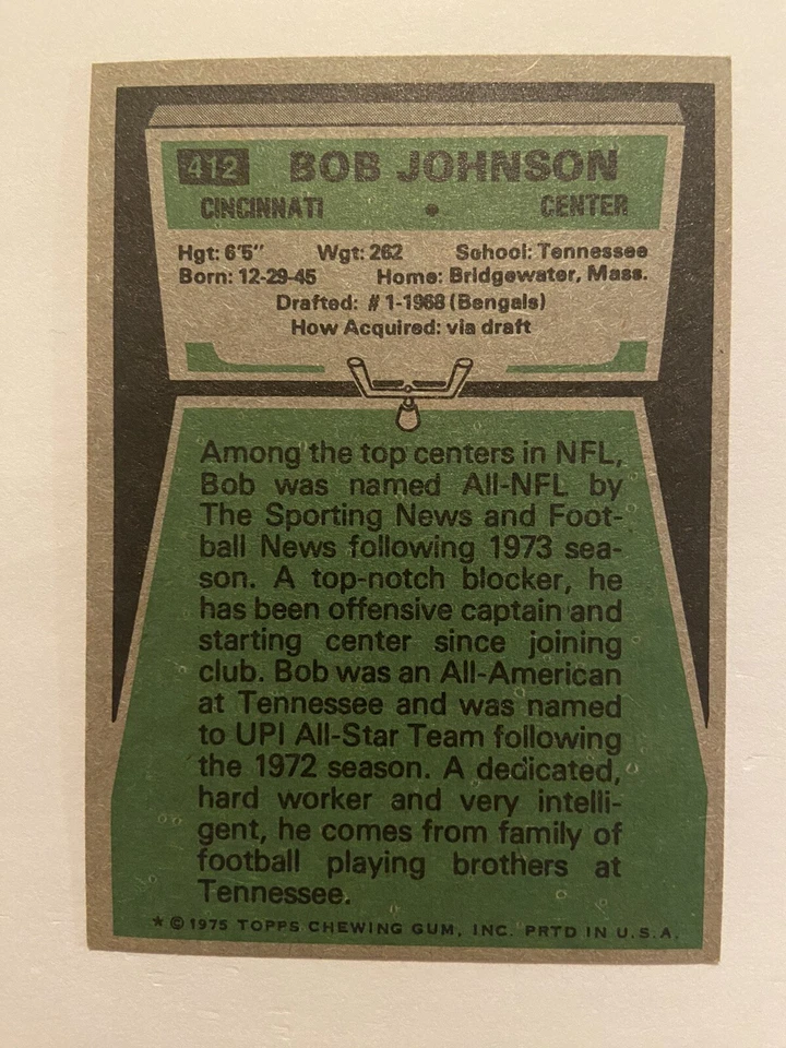 BOB JOHNSON Signed 1975 #412 Cin Bengals Tennessee Volunteers Autograph Auto - Image 2 of 2