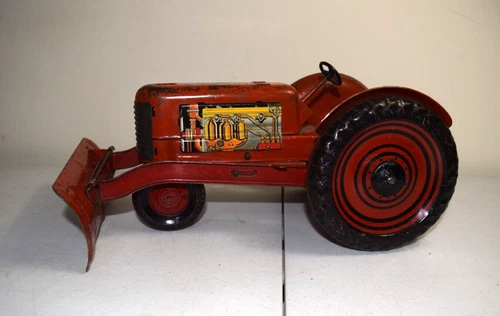 Vintage Marx Tin Lithograph Toy Tractor with Plow, red color