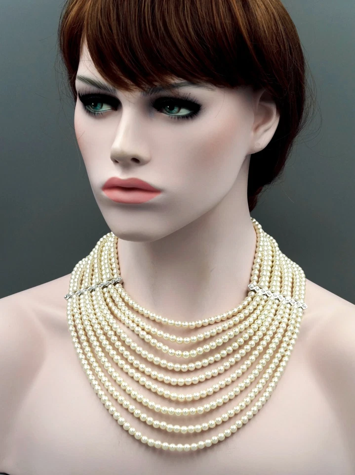 Colar feminino de pérolas brancas com várias camadas de contas de cristal 7121 - Imagem 4 de 4