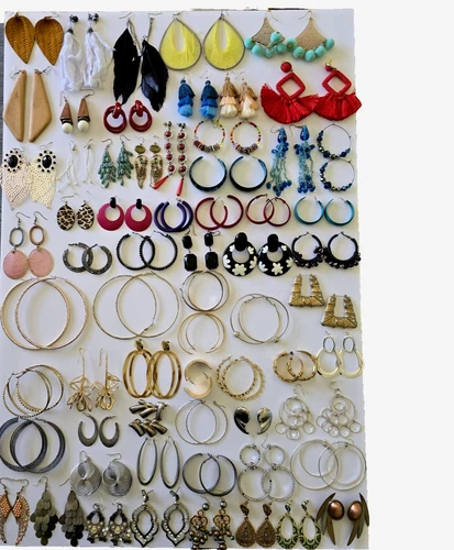 Lot of 64 Pairs Costume Jewelry Earrings Pierced Dangle Hoops Statement Vintage